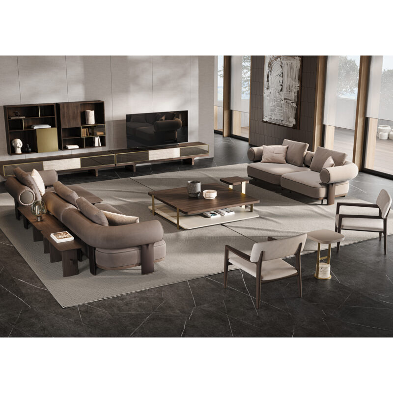luxury contemporary design living room with large high-end unique design sofa