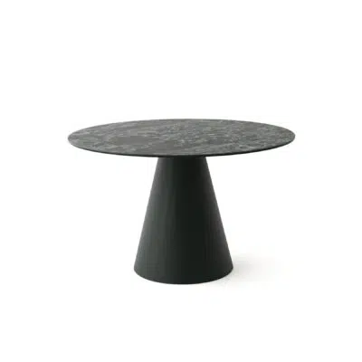 table de salle à manger ronde en céramique verte avec un pied conique en métal