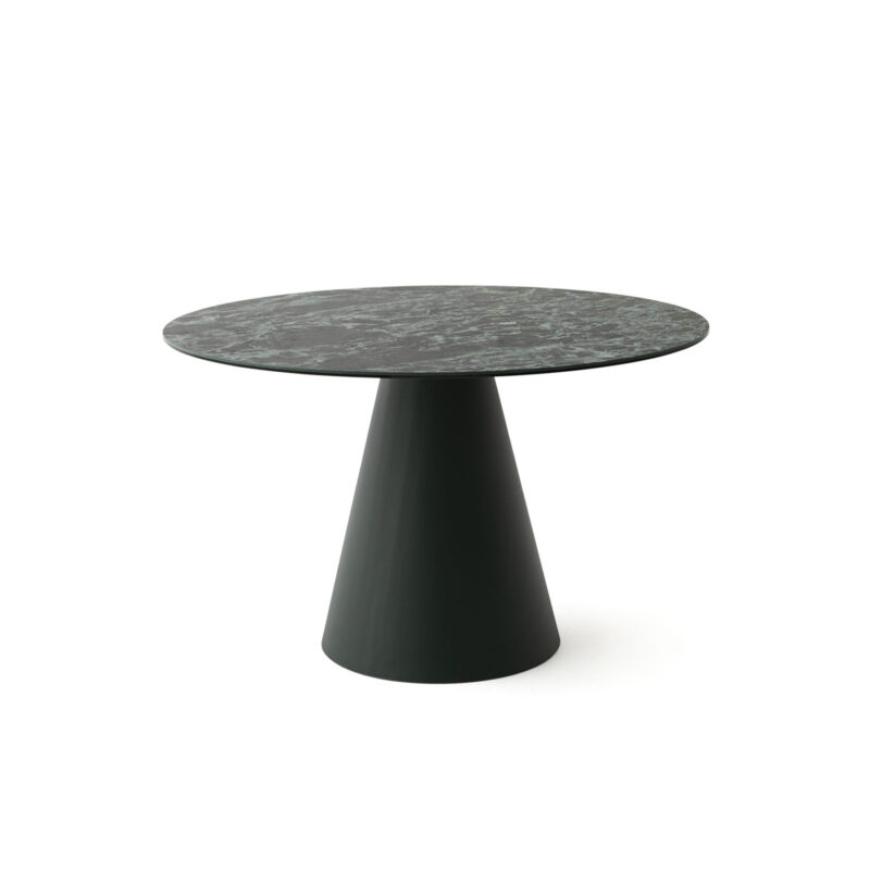 round green ceramic dining table with one conical metal leg