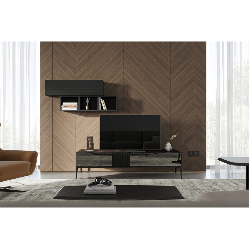 black marble toronto tv stand small size in a modern living room front view