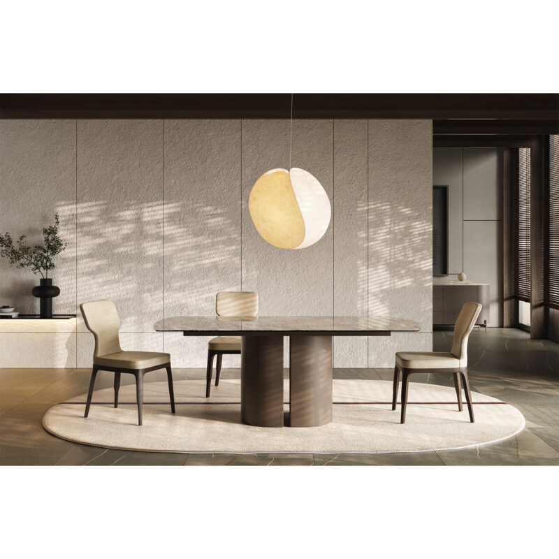 high end warm contemporary dining room setup with marble ceramic dining table and t montreal dining chairs