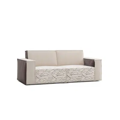 Modern beige and gray patterned sofa from LEOPARD Furniture on a white background. Luxe Canadian interior design.