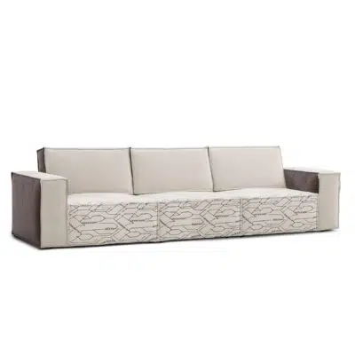 Sleek beige patterned sofa by LEOPARD Furniture on a white background, perfect for modern Canadian interiors.