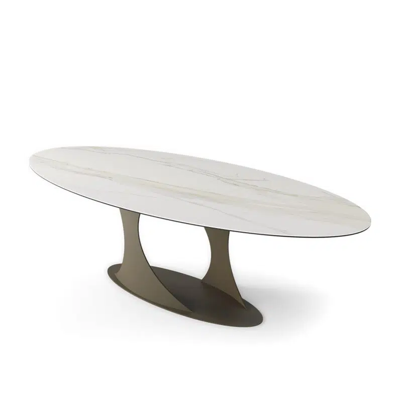 Oval marble dining table with modern metal base on white background from LEOPARD Furniture, Canada.