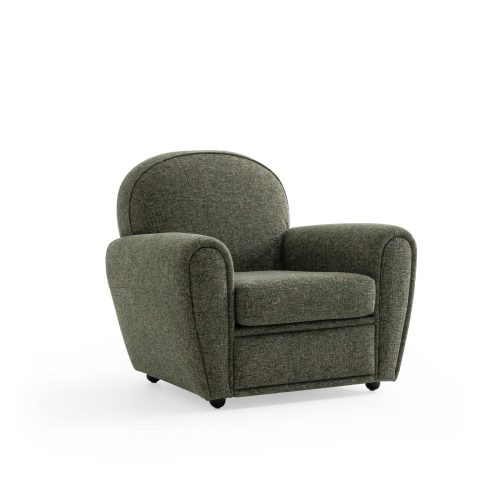 Fauteuil en tweed vert sur fond blanc de LEOPARD Furniture, parfait pour un salon luxueux au design moderne.