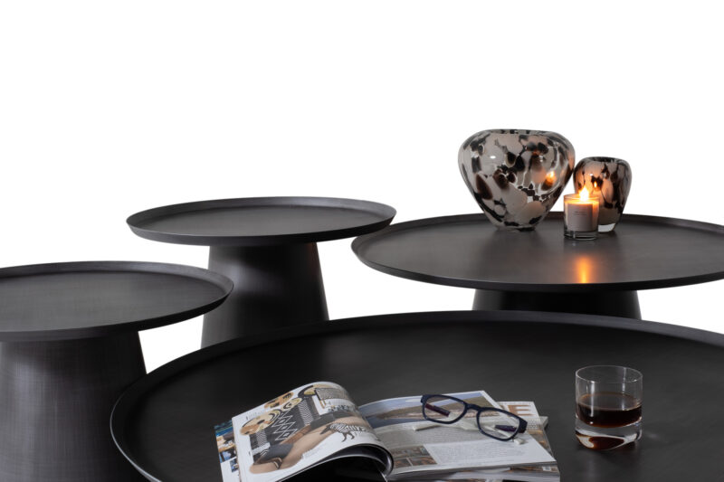 cone shaped small round coffee and side table set contemporary design charcoal color detailed view
