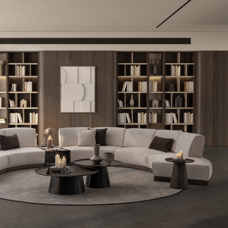 scandinavian living room design with curved modular sofa and round coffee table set