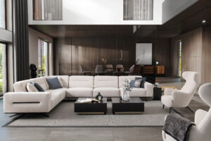 white modular sectional sofa with mechanism in a modern living room design