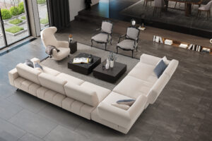 white modular sectional sofa with mechanism in a modern living room design