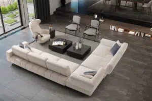 white modular sectional sofa with mechanism in a modern living room design