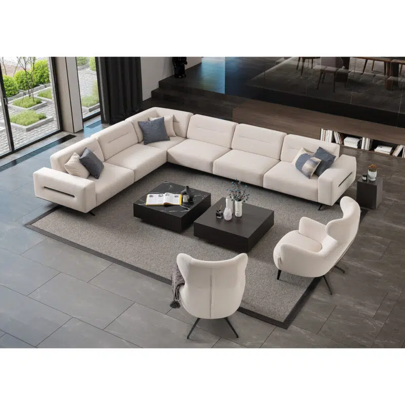 white modular sectional sofa with mechanism in a modern living room design