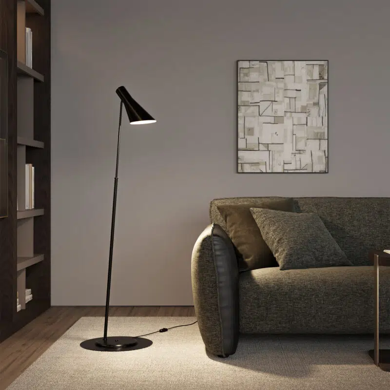 Modern living room with elegant floor lamp and luxury gray sofa by LEOPARD Furniture, Canada.