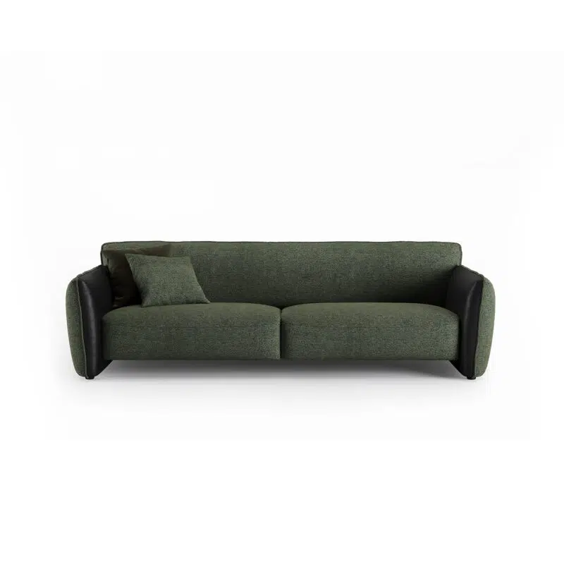 Canapé moderne en tissu vert et cuir noir sur fond blanc, par LEOPARD Furniture, luxe design intérieur.