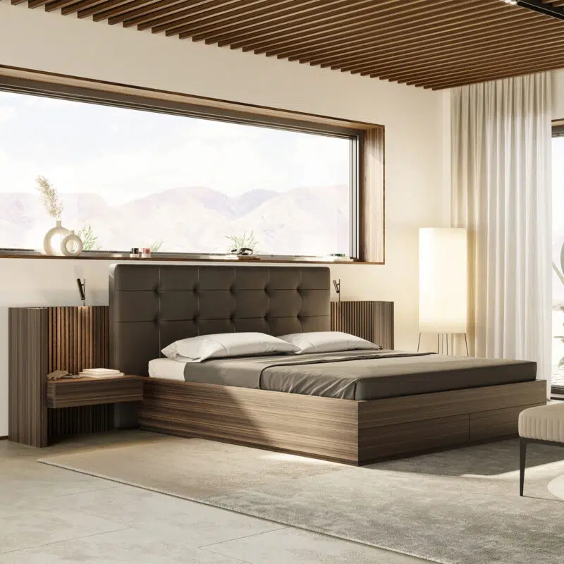 Chic modern bedroom setup with luxurious LEOPARD Furniture bed, elegant wood accents, and panoramic window view.