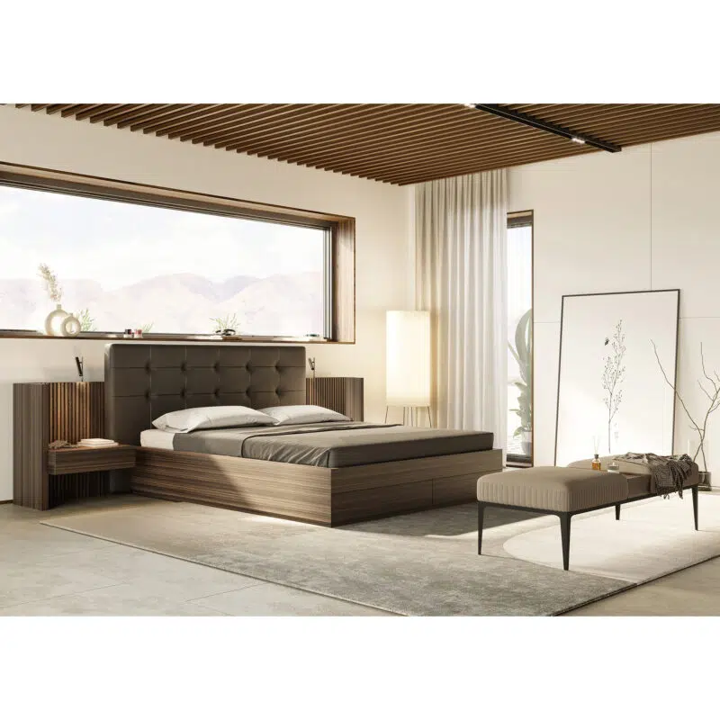 Luxurious contemporary bedroom by LEOPARD Furniture, featuring a sleek wooden bed and modern decor in a serene setting.