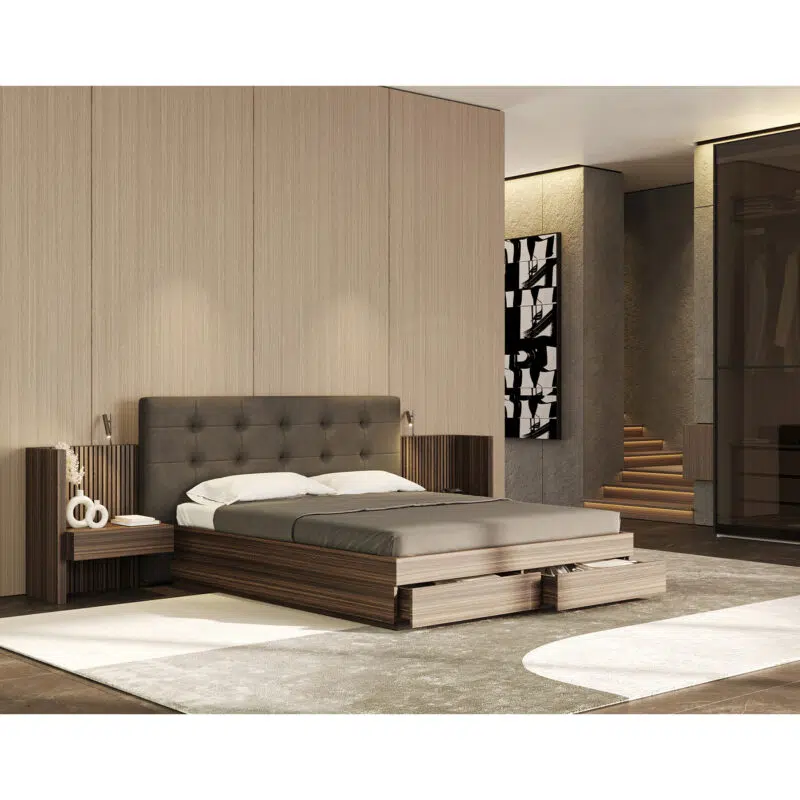 wooden bed with storage in a beautiful bedroom