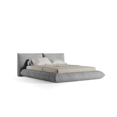 contemporary upholstered bed in light gray fabric on a white background