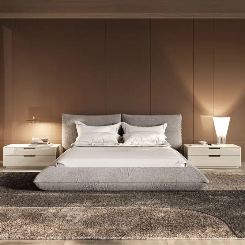 contemporary upholstered bed in light gray fabric front view in a well designed bedroom