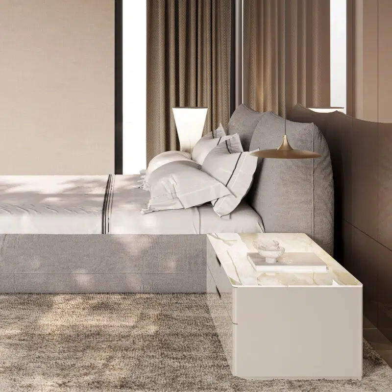 Luxury modern bedroom design with plush gray bed and elegant bedside table by LEOPARD Furniture, Canada.