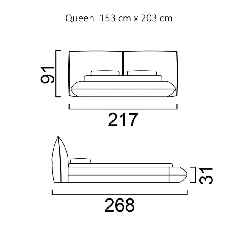 Dimensions d'un lit queen LEOPARD Furniture sur fond blanc : 153 cm x 203 cm, soulignant le design luxueux.