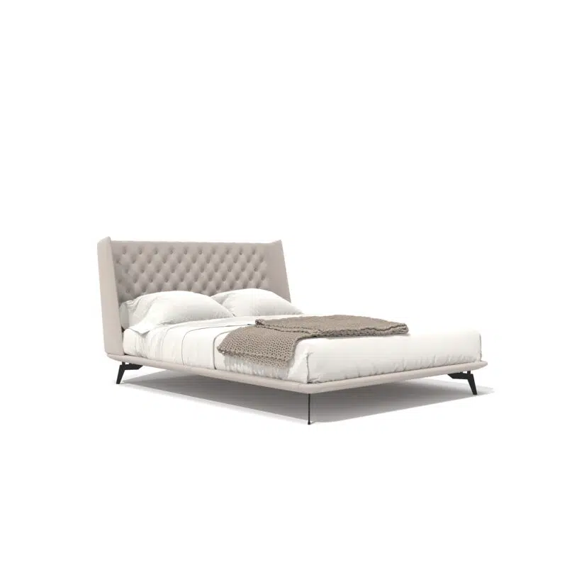 Lit avec tête de lit capitonnée sur fond blanc, design moderne, par LEOPARD Furniture, Canada.