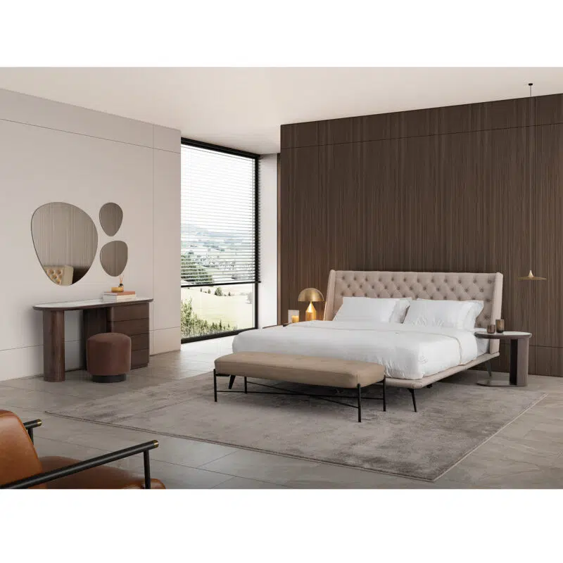 Luxurious modern bedroom with tufted bed and wood accents, designed by LEOPARD Furniture Canada.