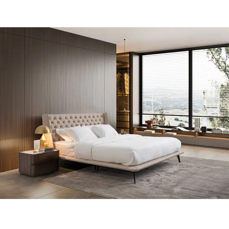 Modern bedroom with elegant tufted bed by LEOPARD Furniture, featuring sleek interior design and large windows.