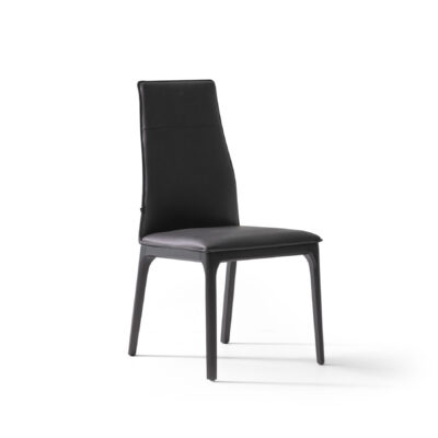 contemporary high back dining chair in black leather overall view on a white background