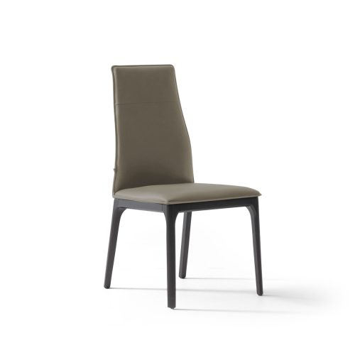 contemporary high back dining chair in caramel color leather overall view on a white background