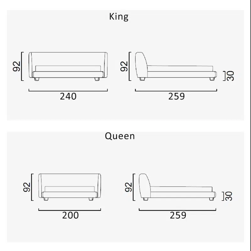 Dimensions du canapé-lit King et Queen sur fond blanc, design exclusif LEOPARD Furniture Canada.