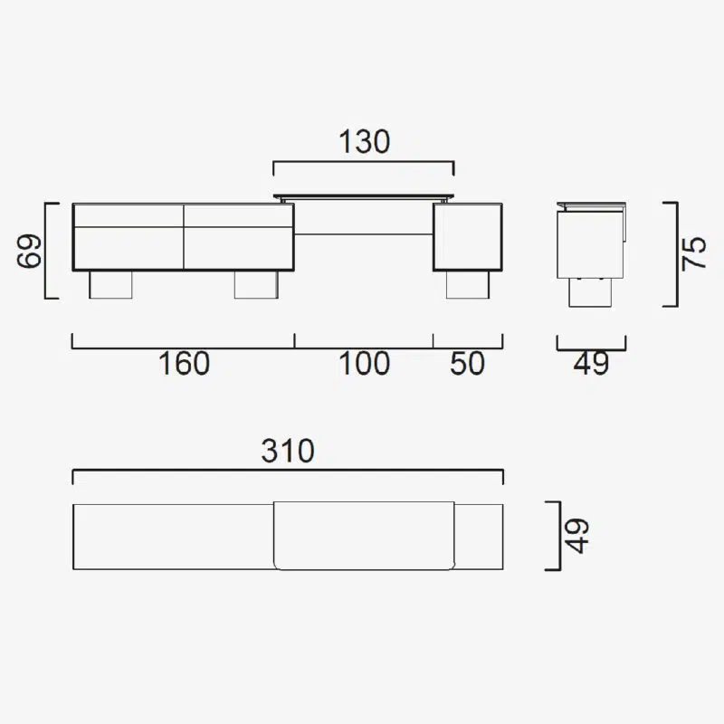 Plan de dimensions du meuble télé moderne LEOPARD Furniture sur fond blanc, style contemporain.