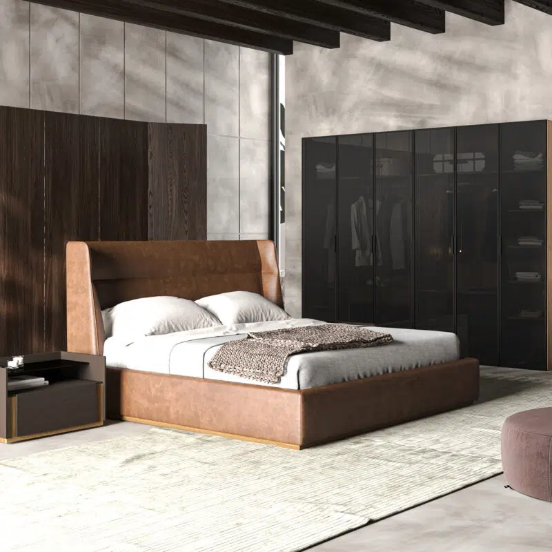 Ensemble chambre contemporaine avec lit cuir brun et armoire vitrée par LEOPARD Furniture, design haut de gamme Canada.