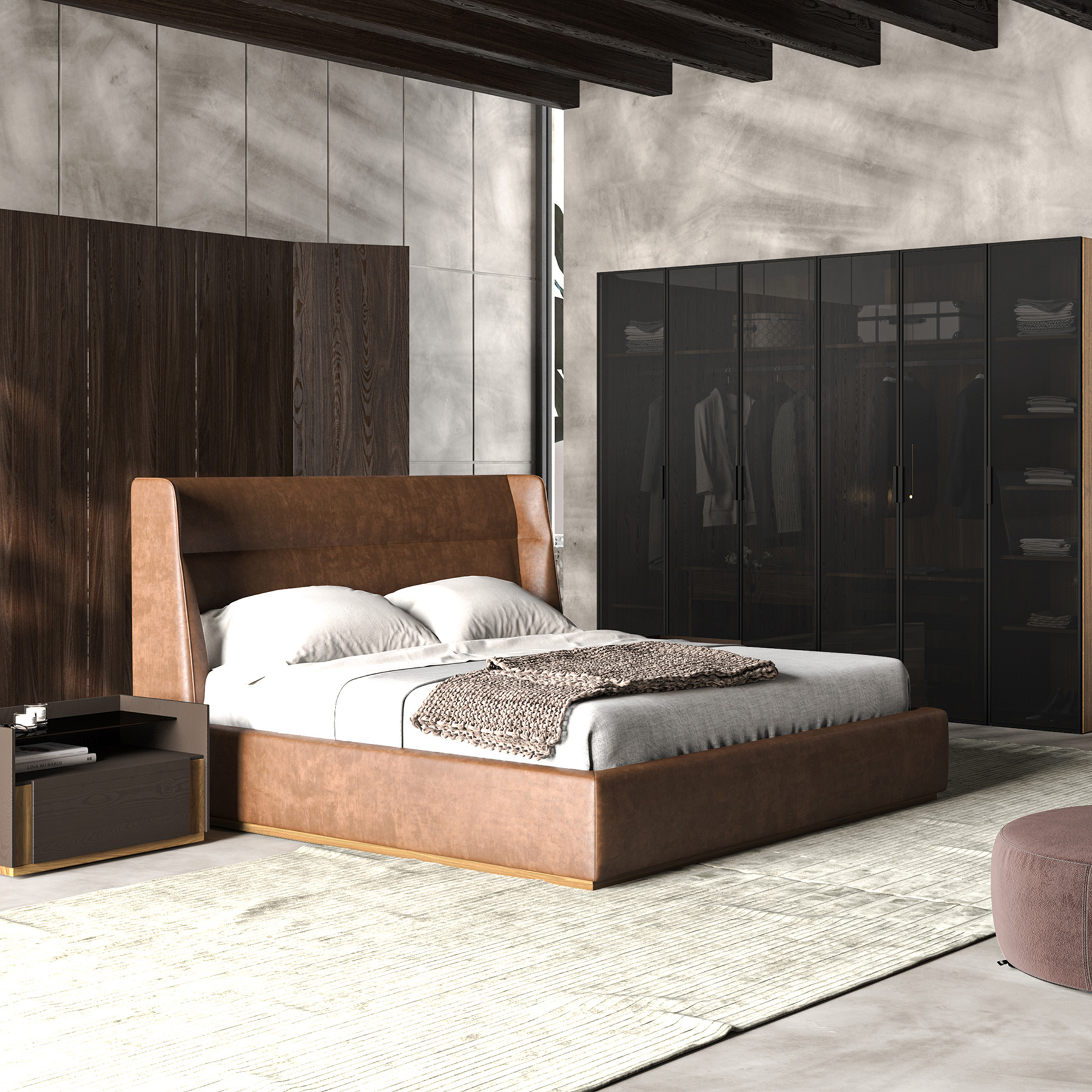 high headborad brown leather bed
