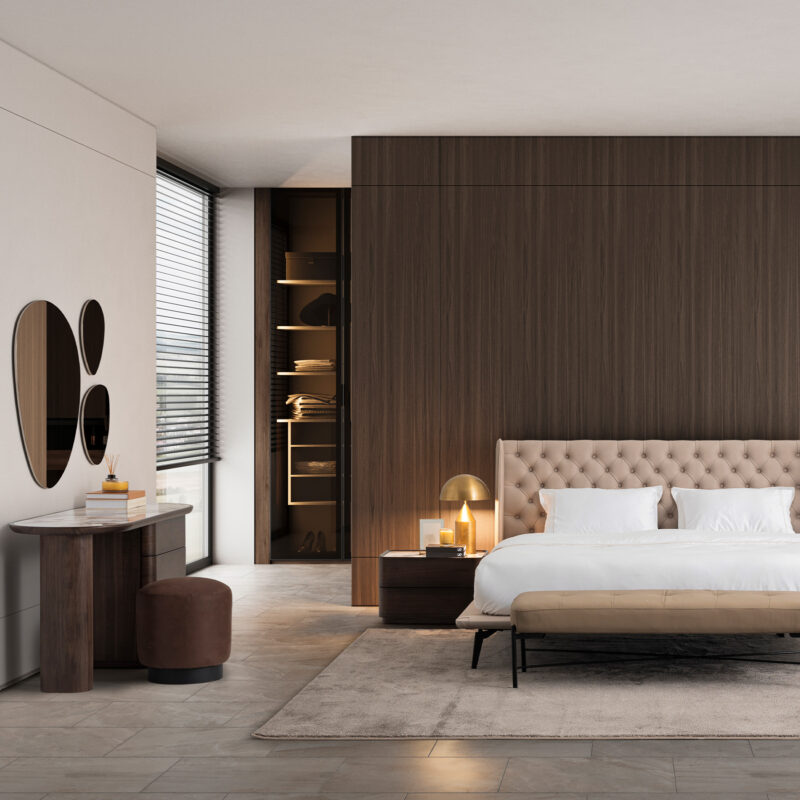 tufted bed modern design in a dark wood wall bedroom with two contemporary design nightsatands