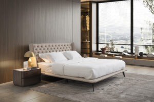 tufted bed modern design in a dark wood wall bedroom with two contemporary design nightsatands