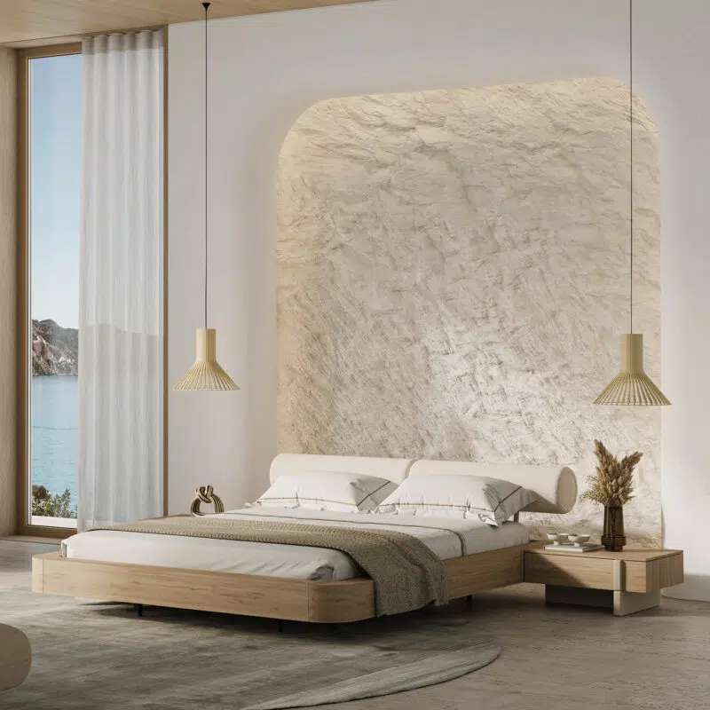 Elegant modern bedroom with natural wood bed and minimalist decor by LEOPARD Furniture, overlooking ocean view.