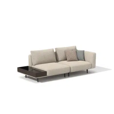 Contemporary beige sectional sofa with sleek wood table on white background. LEOPARD Furniture Canada luxury living room.