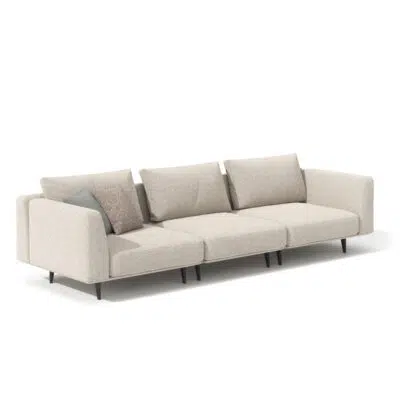 Three-seater beige modern sofa with cushions on a white background, high-end Canadian design by LEOPARD Furniture.