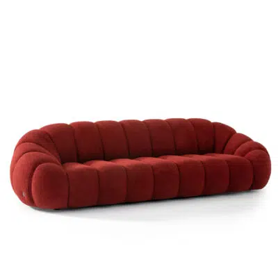 Luxurious red velvet curved sofa by LEOPARD Furniture on a white background, perfect for high-end Canadian interiors.