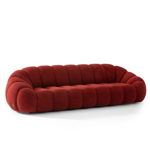 Luxurious red velvet curved sofa by LEOPARD Furniture on a white background, perfect for high-end Canadian interiors.