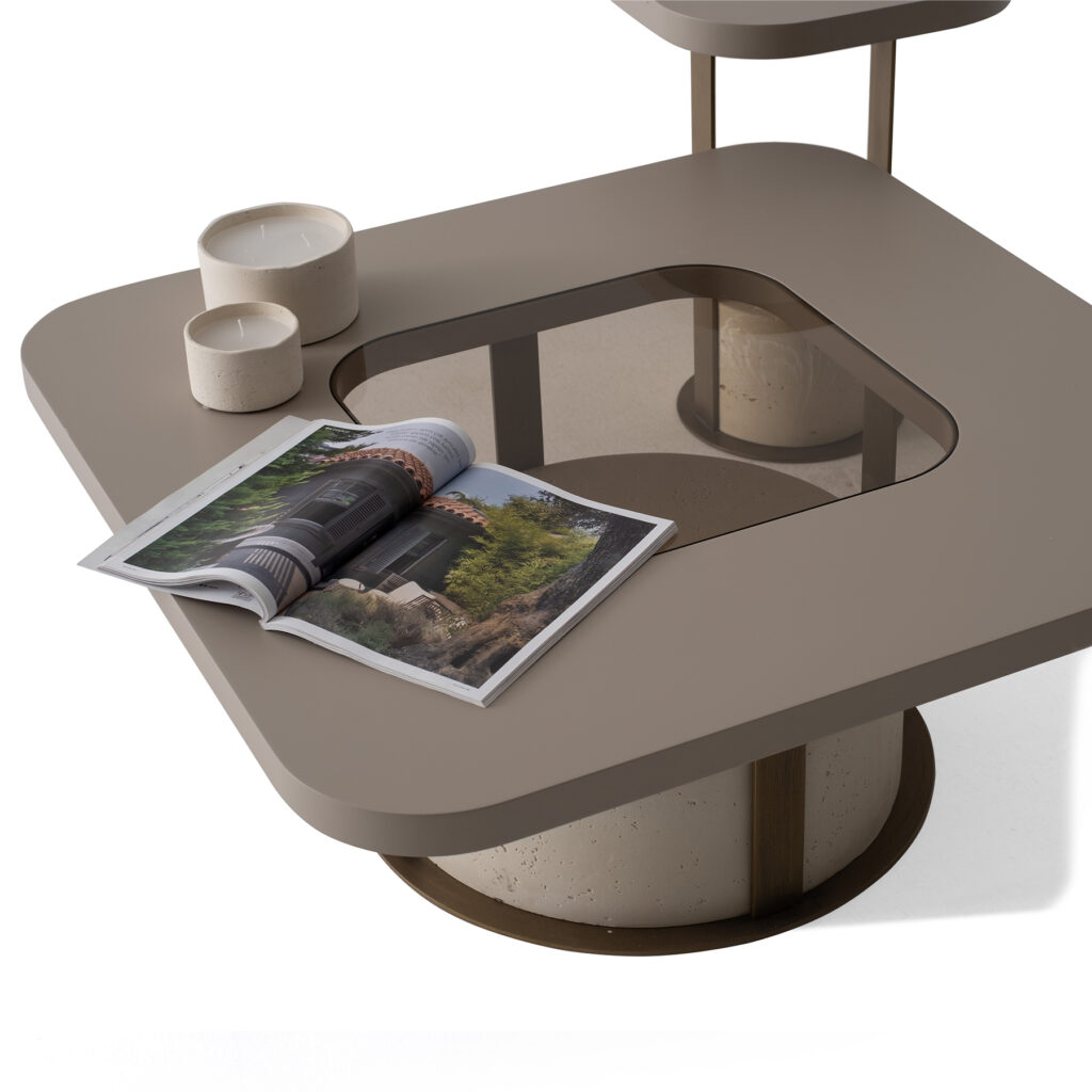 Table basse moderne LEOPARD Furniture sur fond blanc, avec décor minimaliste élégant et bougies. Design haut de gamme.