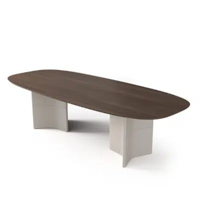 Sleek modern oval dining table with wood finish by LEOPARD Furniture, white background. High-end Canadian design.