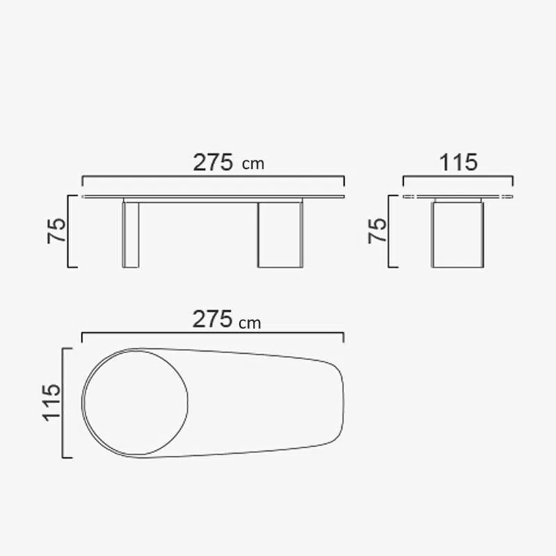 Dimensions of modern oval dining table by LEOPARD Furniture on white background, 275x115x75 cm.