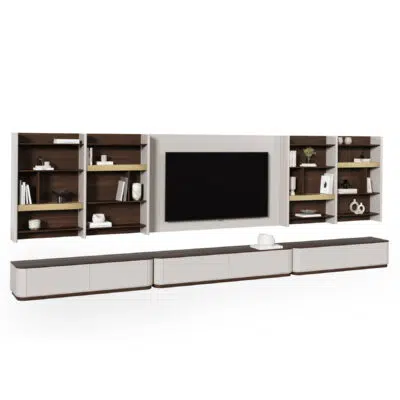 big tv stand with wall decor shelves in white