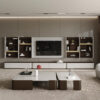 luxury living room with white modular tv stand and wall decor shelves