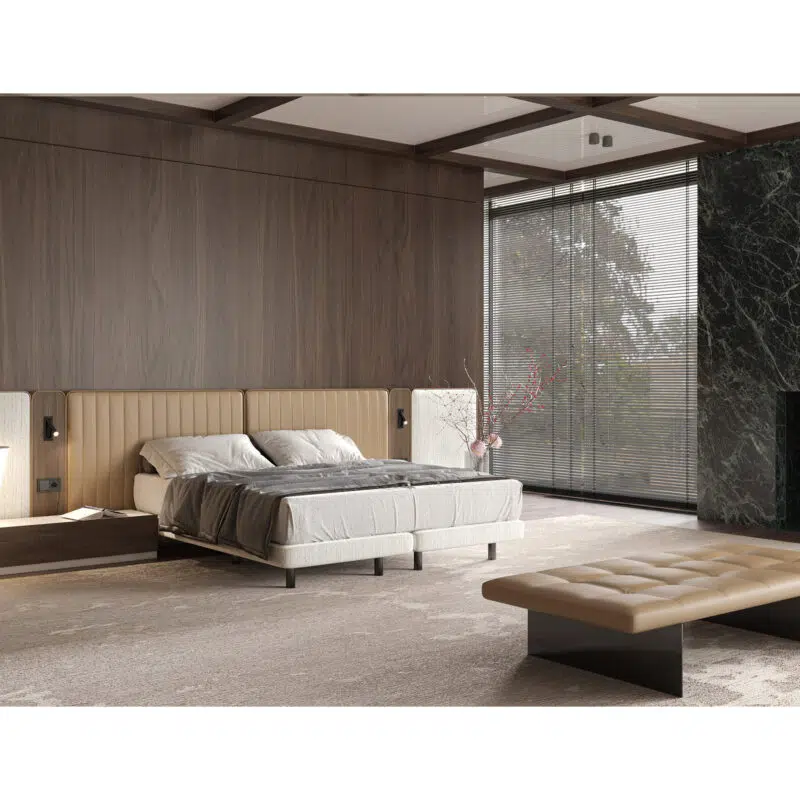 Chic modern bedroom interior with luxury bed and sleek minimalist design at LEOPARD Furniture, Canada.