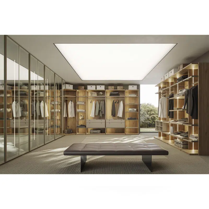 Luxurious custom walk-in closet design by LEOPARD Furniture, featuring elegant wood shelving and modern mirrored panels.