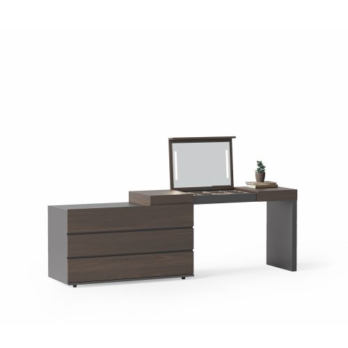 Modern dark wood vanity desk with mirror on a white background, from LEOPARD Furniture, Canada’s luxury interior designer.