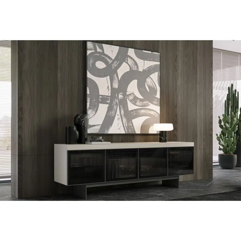 Contemporary sideboard on dark wood wall, abstract art, and cactus, designed by LEOPARD Furniture, high-end interior Canada.