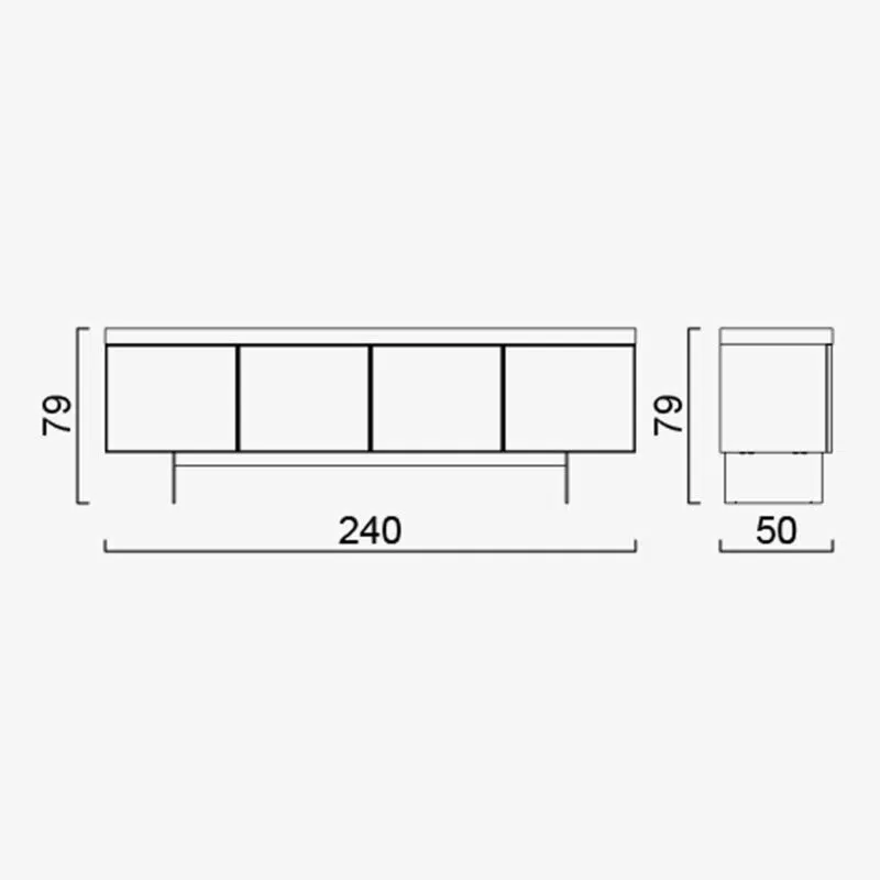 Dimensions of a modern sideboard by LEOPARD Furniture on a white background, 240x50x79 cm, high-end Canadian design.